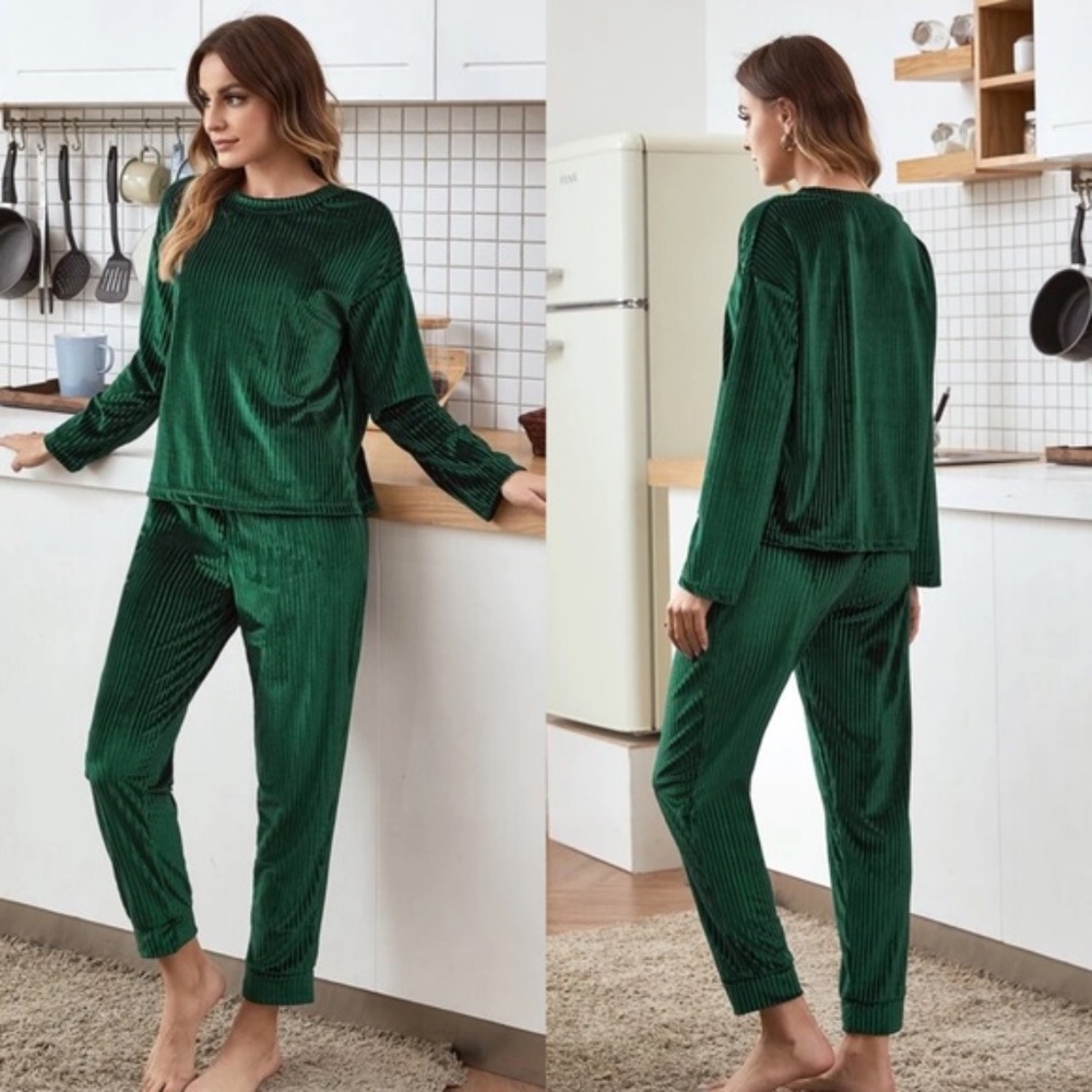 velvet ribbed long sleeve top lounge set BLUE - Picture 6 of 8